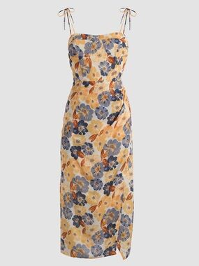 Cider Yellow Floral Tie-Shoulder Midi Dress with Blue Accents